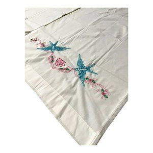 Vtg Pair Pillowcases White 30x19.5 Embellished w Handstitched Blue Birds Hearts